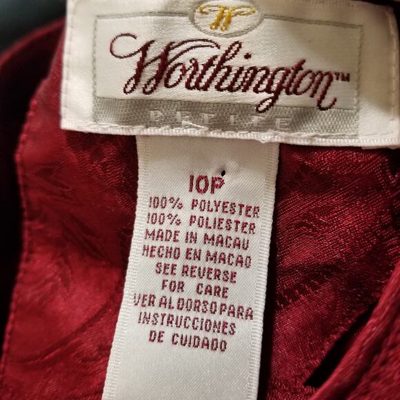 VTG-Worthington Women's Burgundy Floral Blouse Long Cuff Sleeves Rnd Neck Sz 10P - Picture 5 of 6